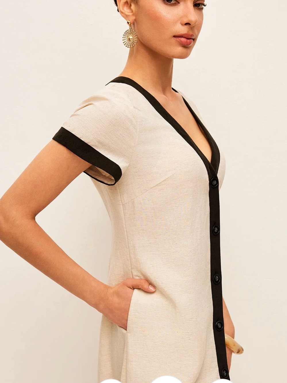 Commense Linen Blend V-Neck Button-Front Maxi Dress with Black Trim - Picture 3 of 10